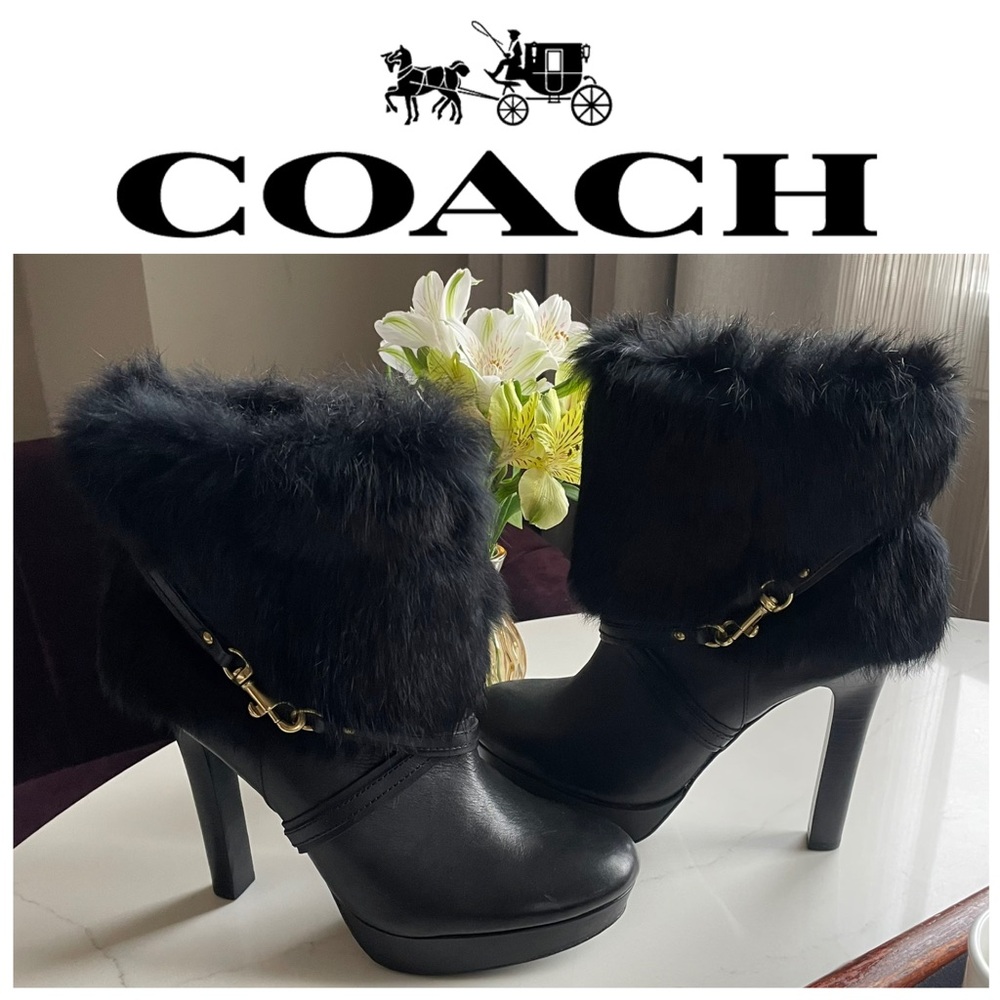 Coach Athena Black Fur-Trimmed Heeled Ankle Boots